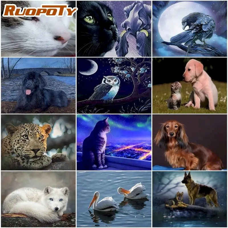 

Набор для алмазной вышивки RUOPOTY с квадратными стразами, вышивка крестиком из черной серии с изображением животных, 5D мозаика