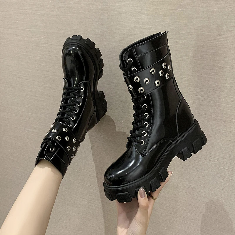 

Woman Lace Up Autumn Boots Womens Ladies Chunky Wedge Platform Black Patent Leather Boots Punk Goth New Arrival 2021