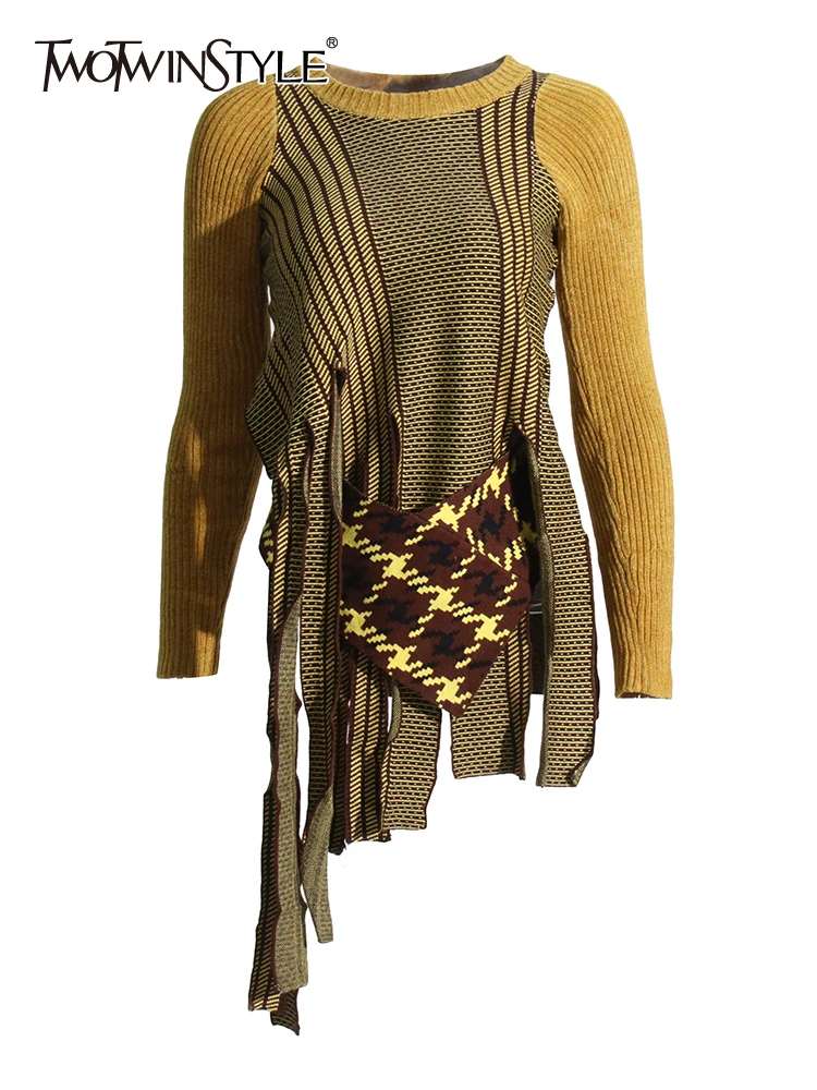 

Женский трикотажный свитер TWOTWINSTYLE, необычный свитер с цветными вставками, круглым вырезом и длинными рукавами в уличном стиле