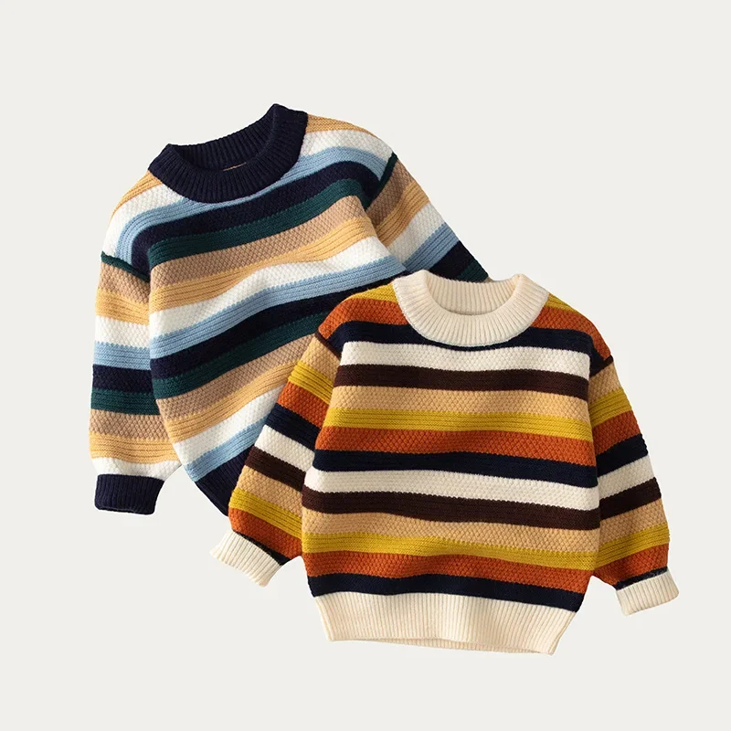 

Infants Boys Sweater Autumn Winter Rainbow Striped Knitted Pullovers for Kids Casual All-match O-neck Children Girl Tops Clothes