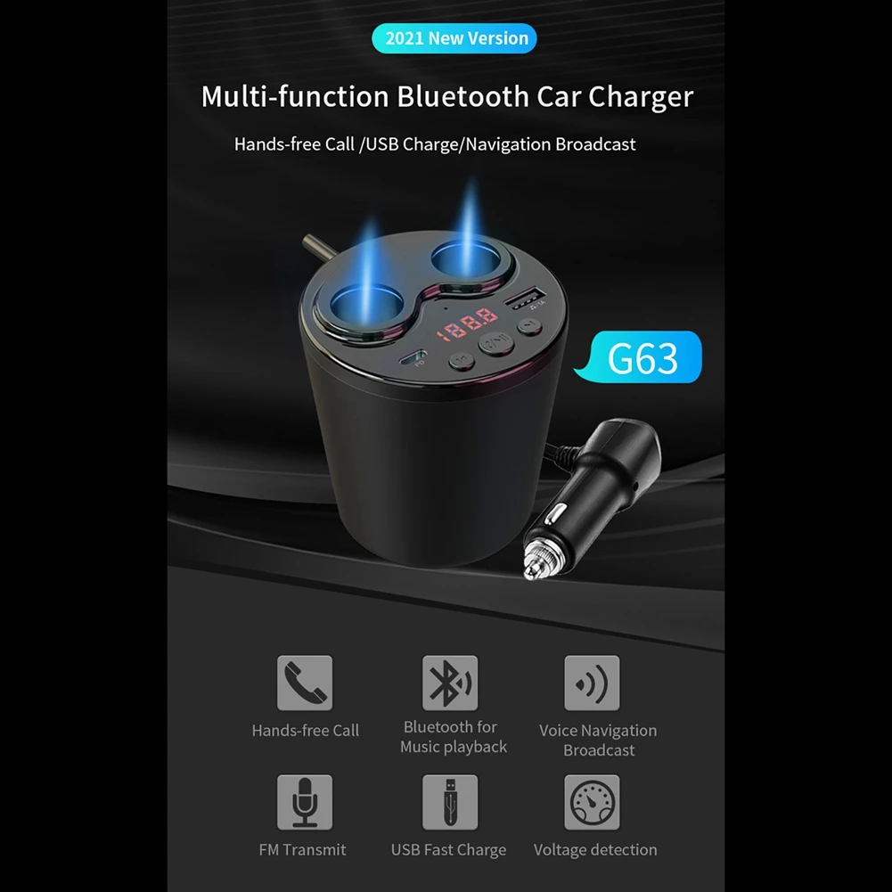 

G63 Car Bluetooth 5.0 FM Transmitter -Cigarette Lighter Socket PD Type C USB Charger Music MP3 Player TF Card Handsfree