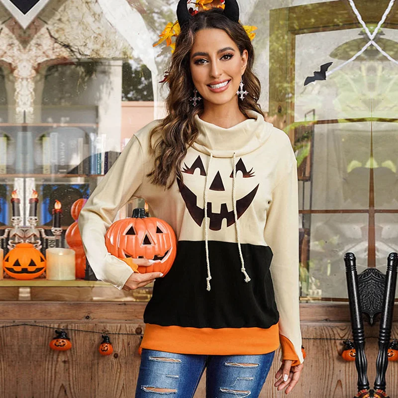 

Halloween Early Autumn Sweater Women's New Autumn Winter Pumpkin Print Contrast Collar Casual Top Fashion Long Sleeves Hoodies
