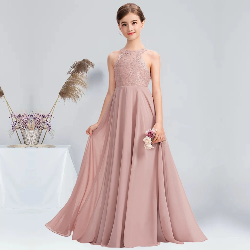 A-line Halter Floor-Length Chiffon Lace Junior Bridesmaid Dresses Dusty Rose Flower Girl Dress Summer Communion Guest Dresses