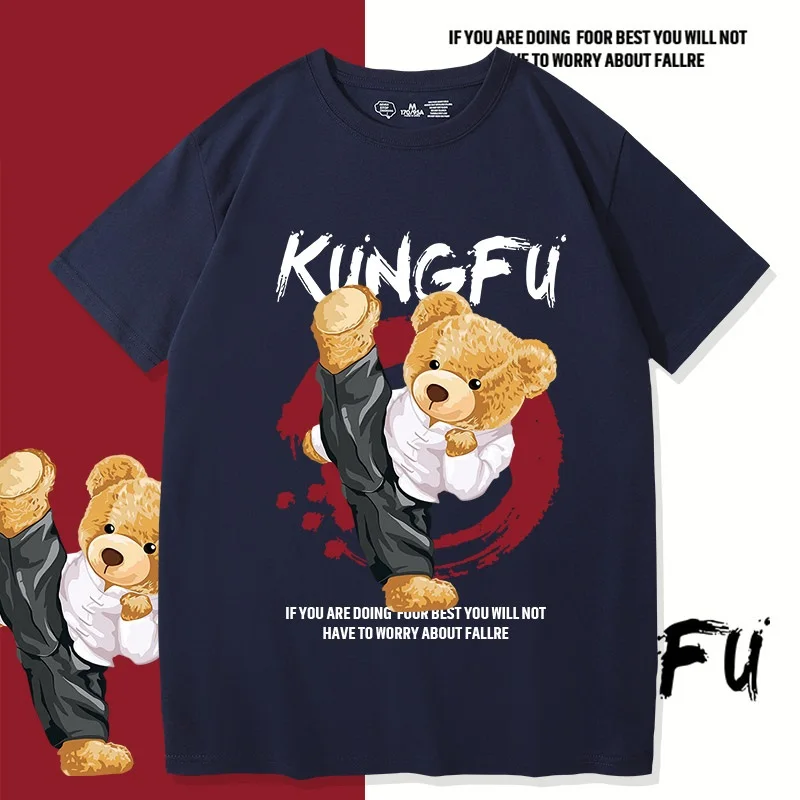 

2023 Summer Men O-neck Short Sleeved Tops Unisex Loose Cotton T-shirt New Anime Kongfu Bear Ins Trendy Print Tees Free Shipping