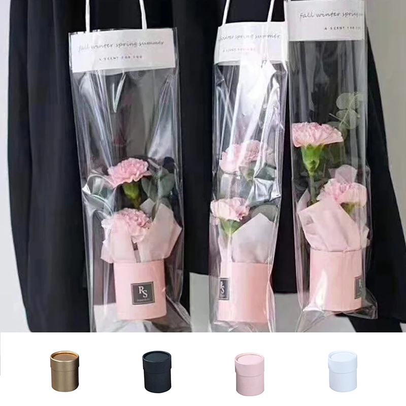 

1pc Portable 7.5x6.5cm Paper Flower Box Mini Bouquet Cylinder Round Flower Bucket Gift Storage PVC Florist Bag Wedding Party