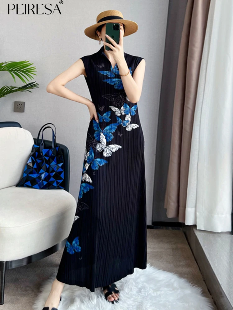 

Женское плиссированное платье миди PEIRESA Miyake, летнее платье без рукавов с V-образным вырезом и принтом бабочки, модное винтажное платье с зауженной талией, 2023