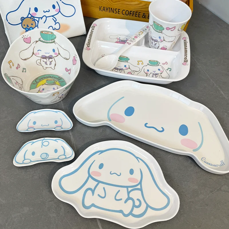 

Kawaii Sanrio Cinnamoroll Children Tableware Anime Kids Baby Melamine Safe Feeding Dishes Fruit Bowl Sauce Dish Dinner Plate Cup