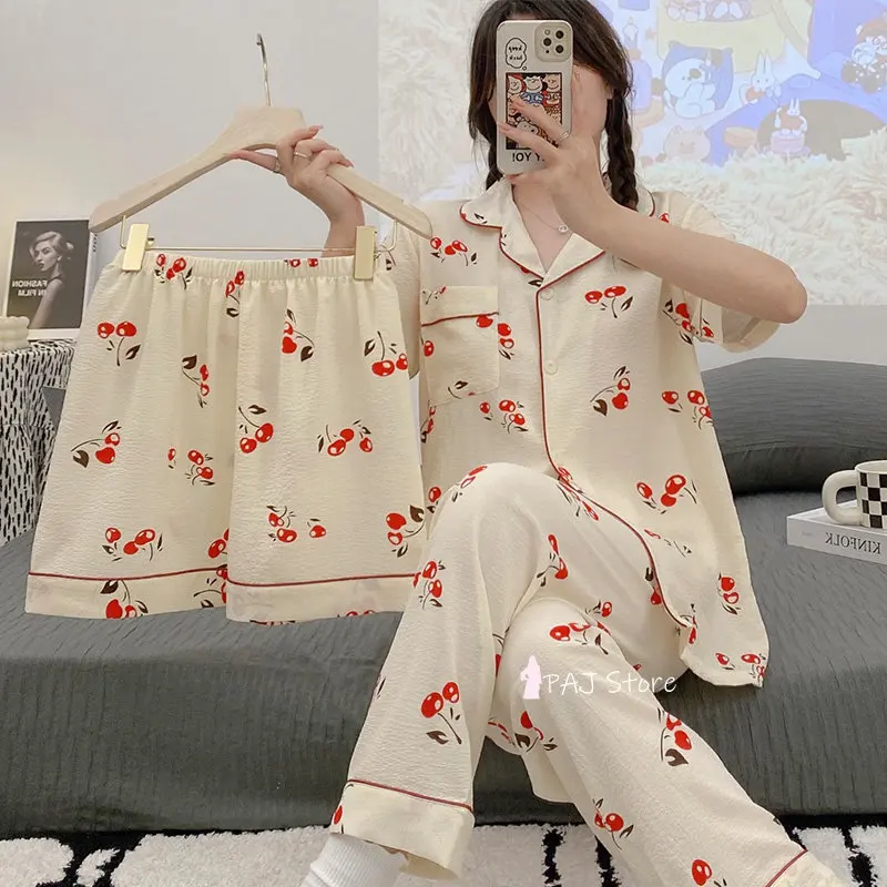 Summer Women's pajamas Spring Summer cotton Home Clothes Pajama set shorts women Nightwear Female Set Woman 3 Pieces Pyjamas