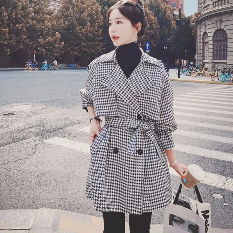 

Korean Houndstooth Trench Coat With Sashes Women Casual Lapel Long Sleeve Double Breasted 2023 Autumn Female Outwear Moda Mujer