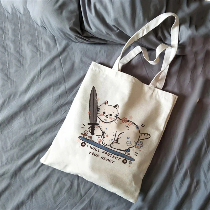 

2022 Холщовая Сумка в стиле Харадзюку, женская сумка для покупок с веселым мультяшным принтом кошки, Готическая женская сумка большой емкости...