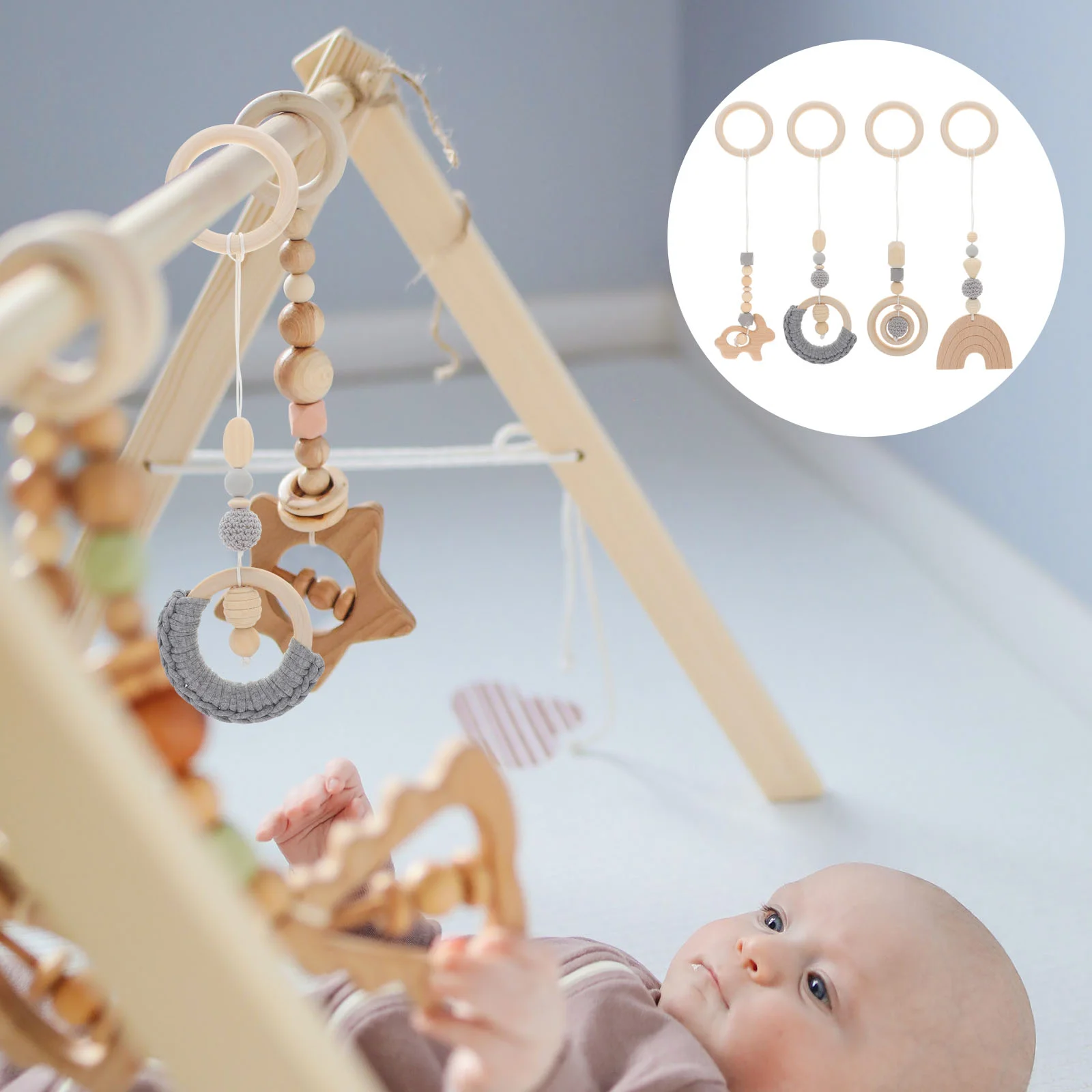 

Baby Gym Toys Hanging Wooden Toy Play Wood Activity Teether Chew Infant Stroller Soother Plush Newborn Set Ring Room Sensory