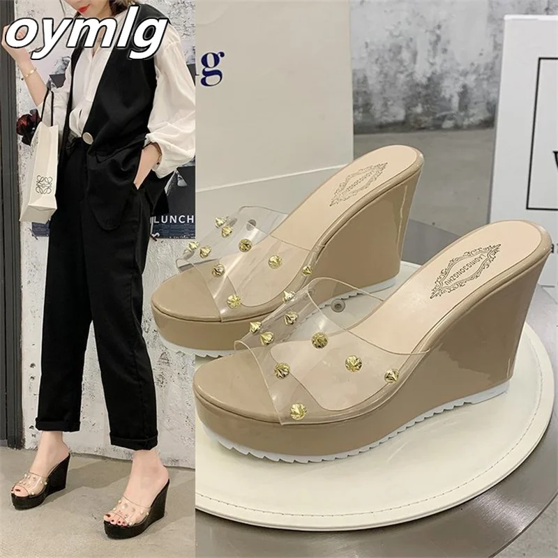 

Slippers women's summer tide 2022 new transparent high-heeled sandals net red wedge with thick bottom fashion beach shoes