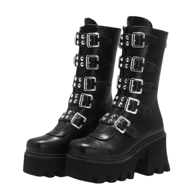 

Winter Gothic Punk Womens Platform Boots Black Buckle Strap Zipper Creeper Wedges Shoes Mid Calf Military Combat Boots U542