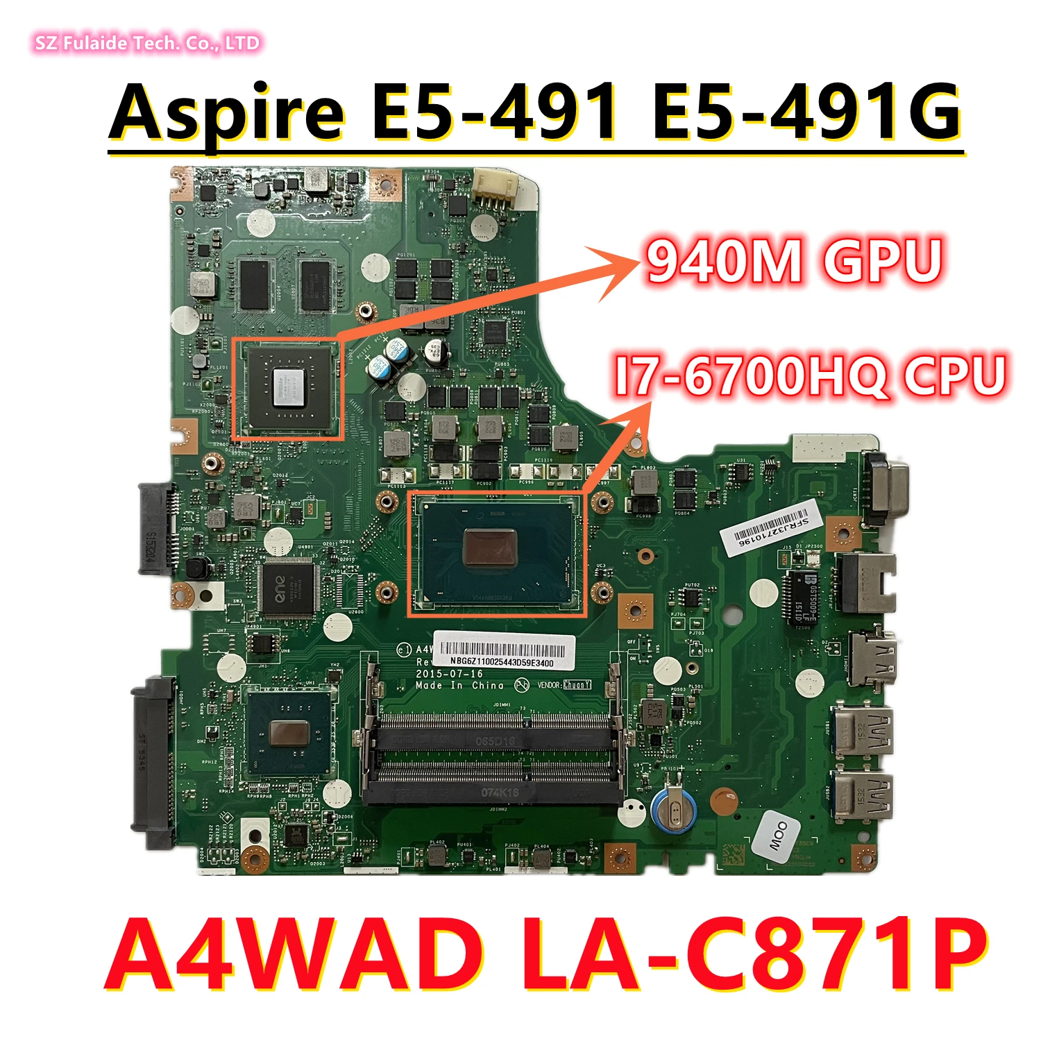 A4WAD LA-C871P для Aspire E5-491 E5-491G материнская плата для ноутбука с процессором I7-6700HQ 940M GPU N16S-GT-S-A2 NBG6Z11002 100% OK