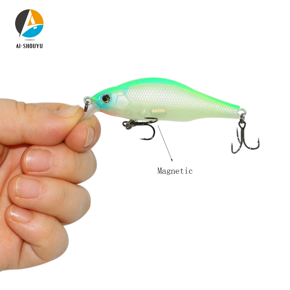 AI-SHOUYU 1pc Hard Minnow Bait 70mm 9.5g Magnetic Fishing Wobblers with 2 Hooks Dive 1.5m Suspending Artificial Fishing Lure