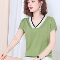 thin knitted t shirt women v neck summer tops 2022 patchwork t shirts short sleeve tee shirt femme woman clothes camisetas mujer