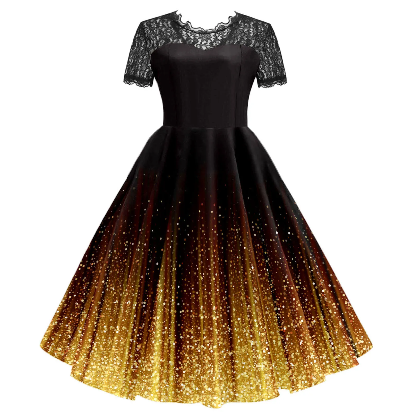 

Women Lace Sexy Dresses Print Short Sleeve Lace Knee-lenght Skirt 1950s Housewife Evening Party Gauze Stitching Elegant Dress