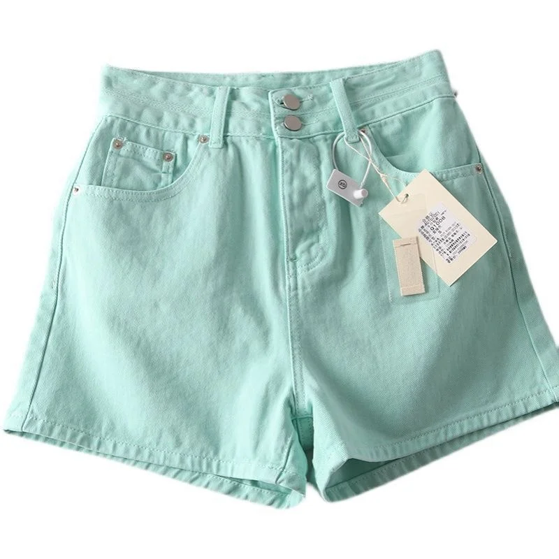 High waisted, slim, and high turquoise green denim shorts that cover the flesh. Large size, chubby sister, versatile and stylish