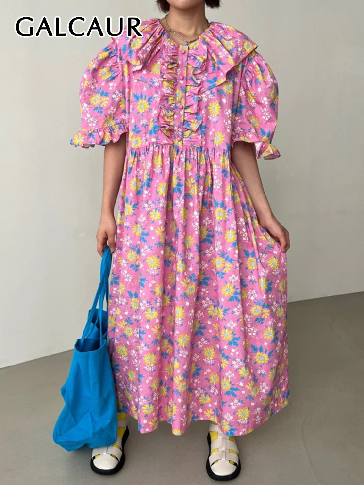 

GALCAUR Print Dress For Women O Neck Short Sleeve Straight Loose Waist Casual Women's Midi Dress Summer Clothing Women 2022 New