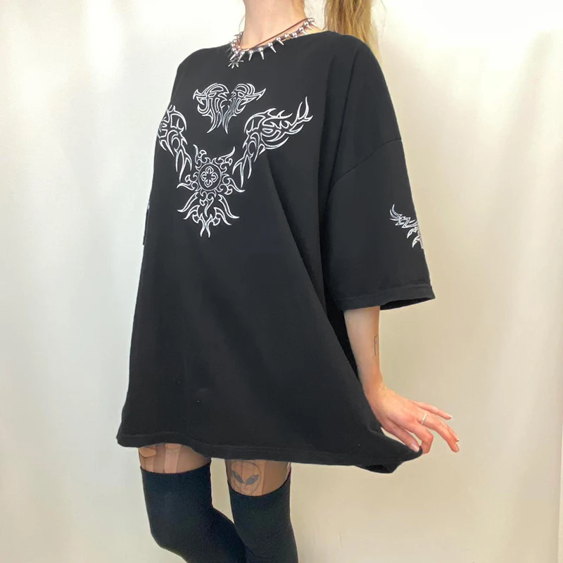 

WeiYao Korean Fashion Oversized Black Long T-Shirts Women Goth Print Aesthetic Grunge Graphic Tees Short Sleeve Tops Summer