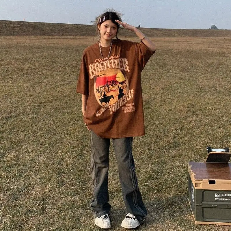 

Футболка женская с коротким рукавом, Свободный Топ с принтом заката, пустыни, американский Западный Ретро стиль, летний тренд