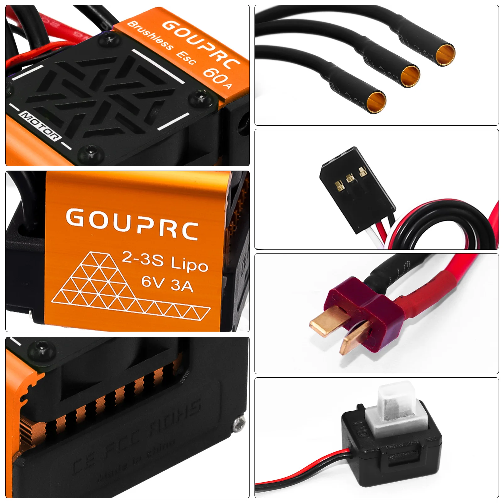 GOUPRC 60A Бесщеточный RC ESC 2-3S Водонепроницаемый электрический регулятор скорости для масштаба 110 Аксессуары RC Грузовик Внедорожник (art.: 3920d34a002e2) - 3920d34a002e2