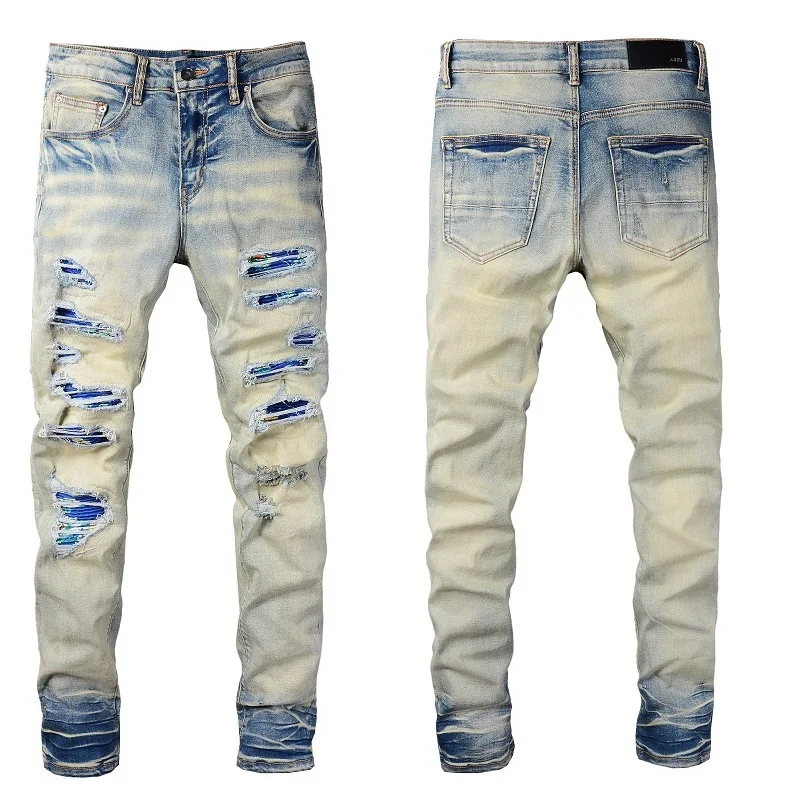 

New Fashion Trendy AMR Ripped Hole Slim Fit Stretch Washed Old Men's Jeans Skinny Trendy Pants Mens Summer Jeans