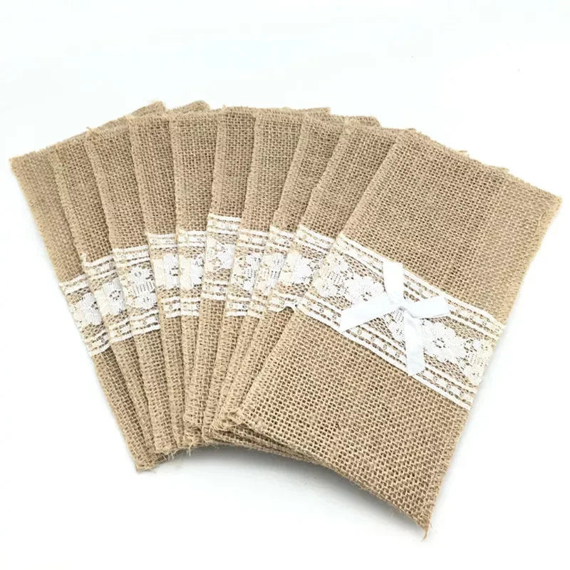 

10pcs Natural Jute Burlap Cutlery Holders Packaging Fork and Knife for Wedding , Party Decoration 11*21cm AA8016