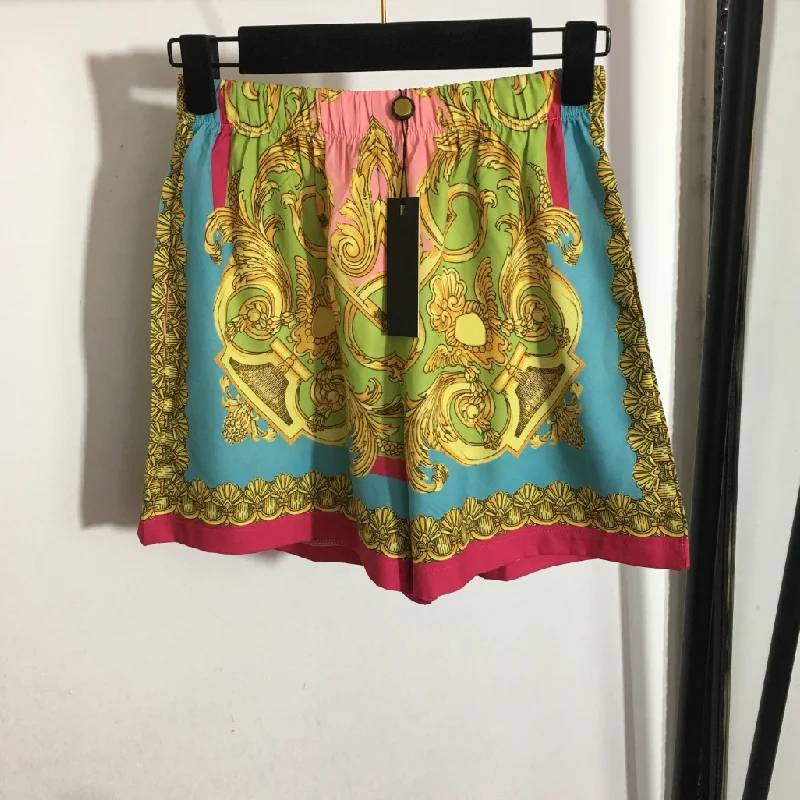 

high quality women's shorts temperament retro color block printing women's shorts fashion elastic waist casual women's shorts