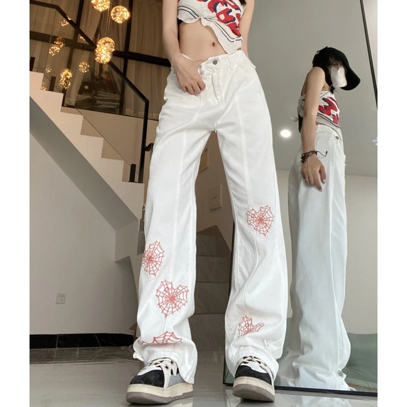 

Women White Jeans Contrasting Colors Vintage High Waisted Wide Leg Pants Fashion Y2K Style Straight Summer Female Denim Trouser