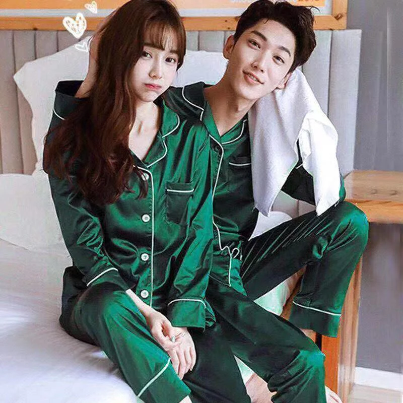 Sleepwear Couple Silk Satin Solid Color Pajama Sets Long Button-Down Pijama Plus Size Home Clothes Pyjamas Women Men Loungewear