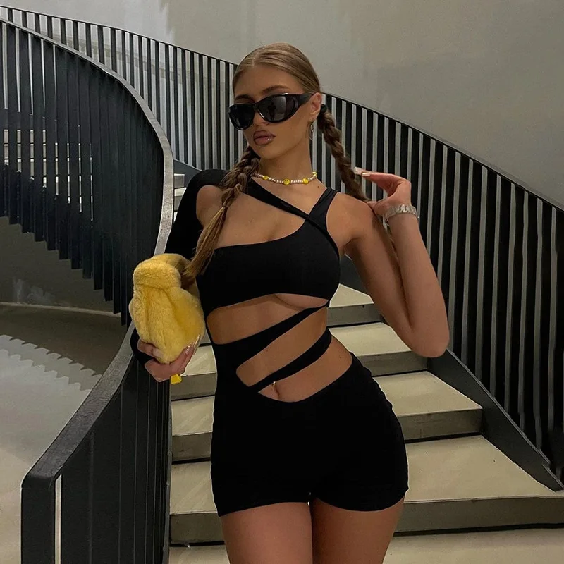 

Women Jumpsuit Single Sleeve Irregular Neck Rompers Hollowed Solid Slim Fit Summer Bodysuit for Club Party Jumpsuits
