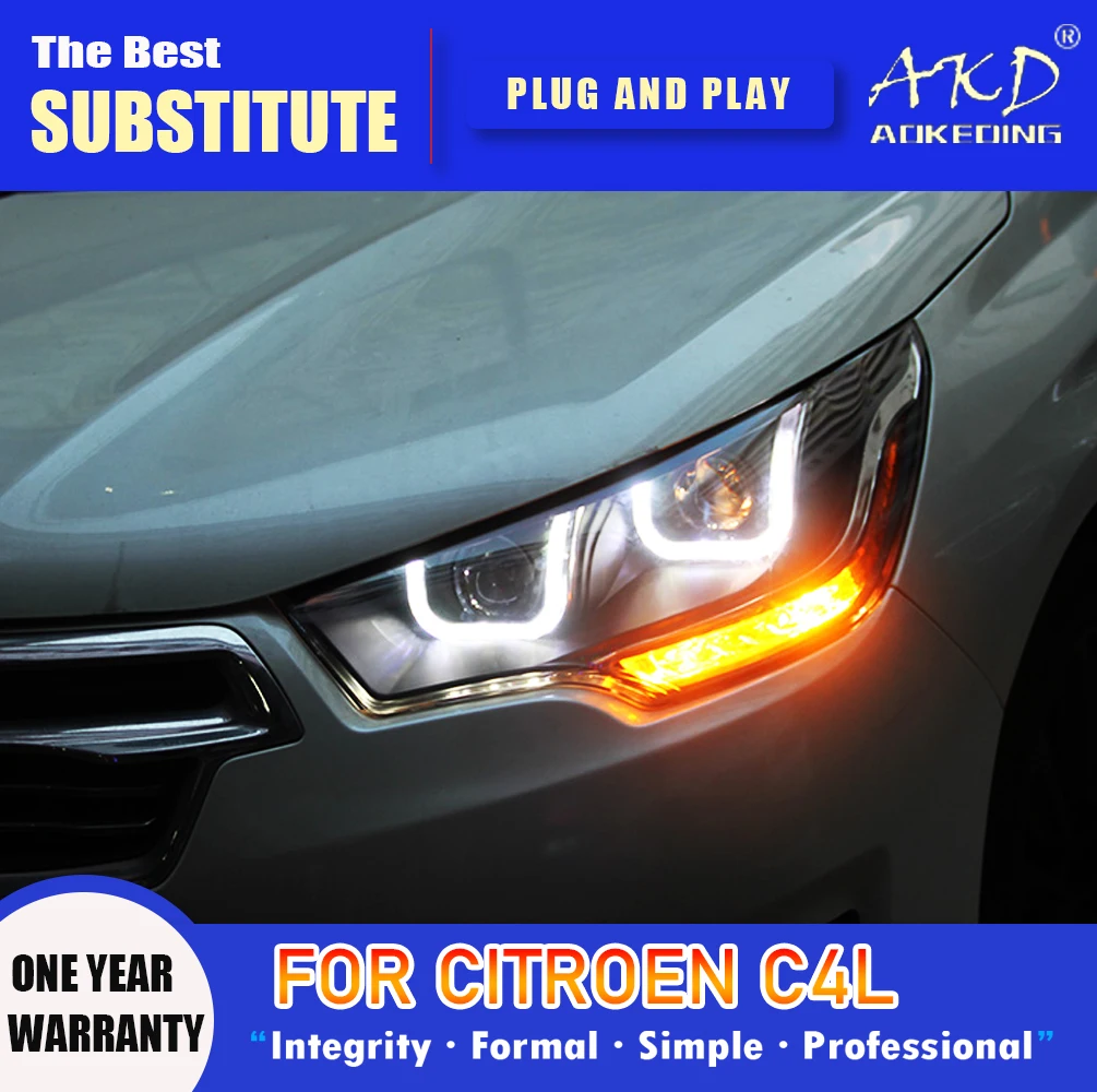 

AKD Head Lamp for Citroen C4L LED Headlight 2013-2016 Headlights C4 DRL Turn Signal High Beam Angel Eye Projector Lens