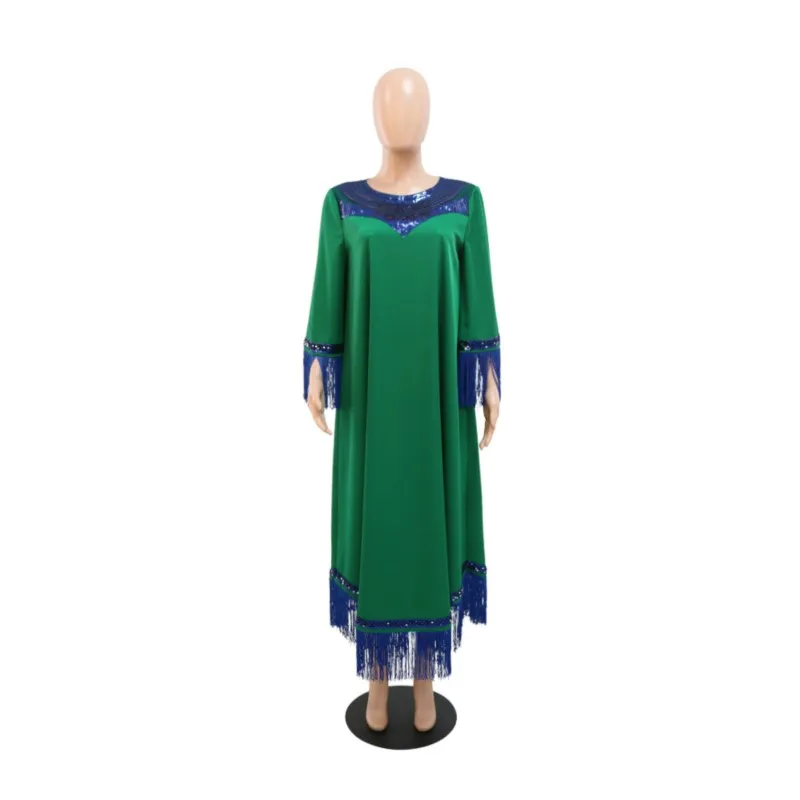 Fringed Sequins Green Maxi Dress Muslim Abaya Fashion Party African Dresses For Women Loose Ladies Traditional African Clothing