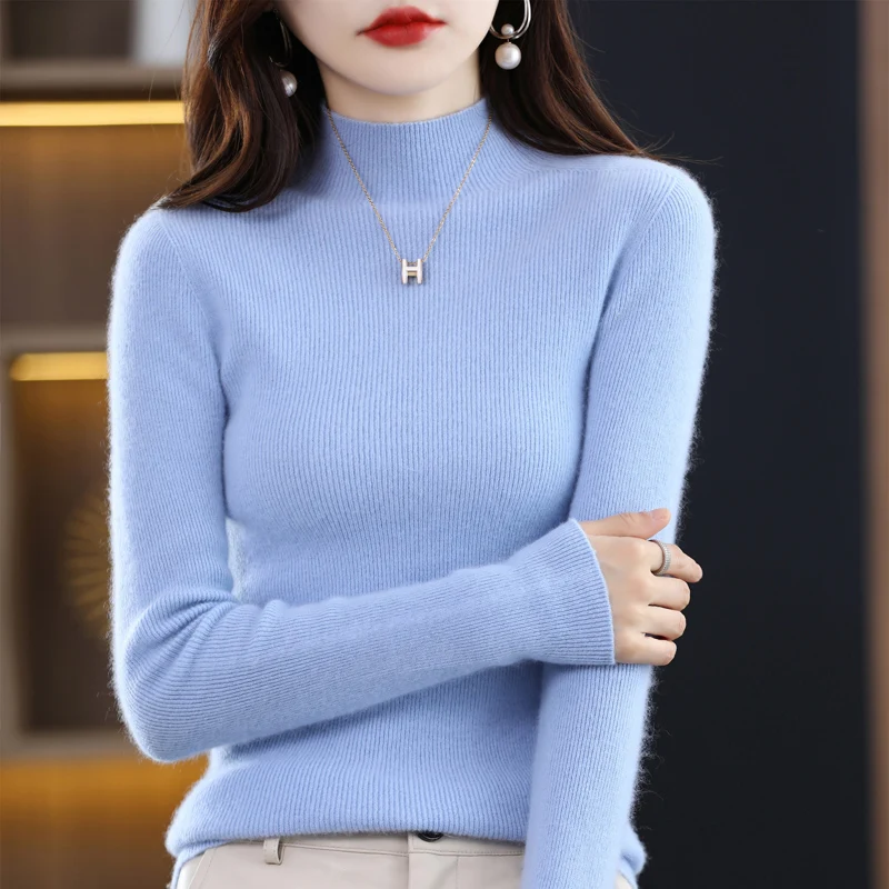 

Autumn Winter Pure Wool Sweater Women's Half Turtleneck Pullover Long Sleeve Slim Draw Strip Cashmere Knitted Bottoming Shir