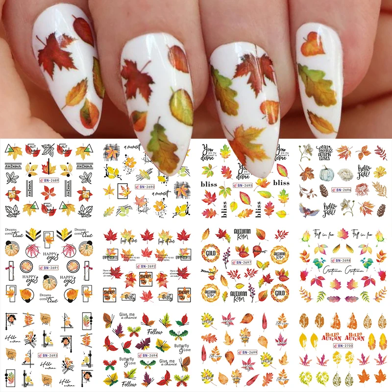 

12pcs/Sheet Autumn Maple Leaves Water Decals Nail Stickers Abstract Face Geometry Line Flowers Nail Charms Decor Manicure Wrap