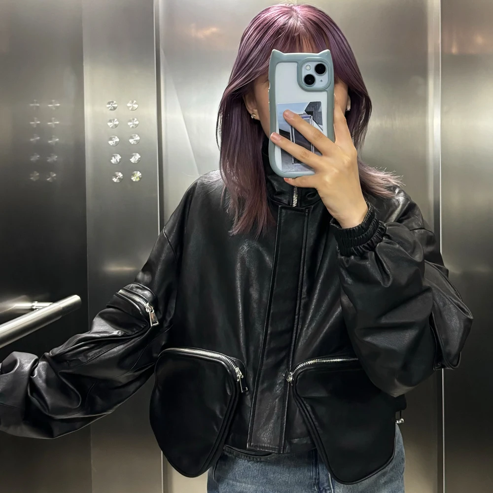 Женская укороченная куртка-пуховик из натуральной кожи черная дубленка большого