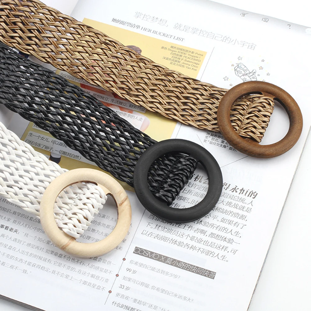 

Female Round Square Wooden Buckle Belts Women's Wide Straw Braided Woven Belt Pure Color Simple All-match Waistband
