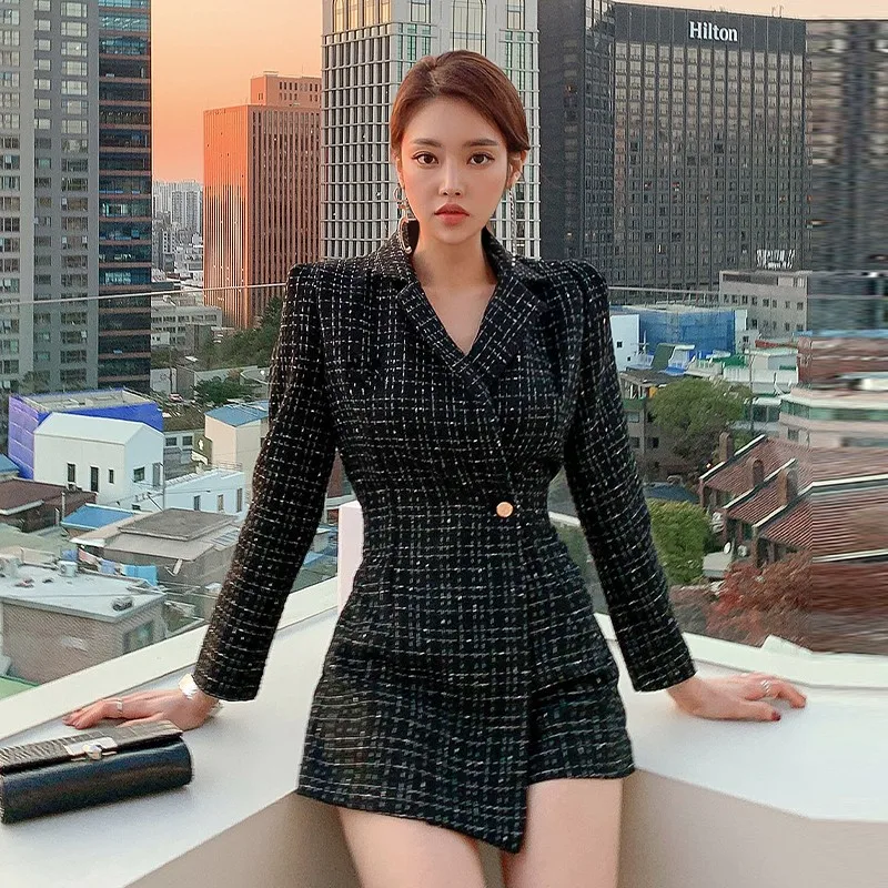 

Runway Fall Korean Workplace Plaid Slim Suit Collar Dresses Elegant Tweed Women's Clothing Windbreaker Coat Slim Dress Vestidos