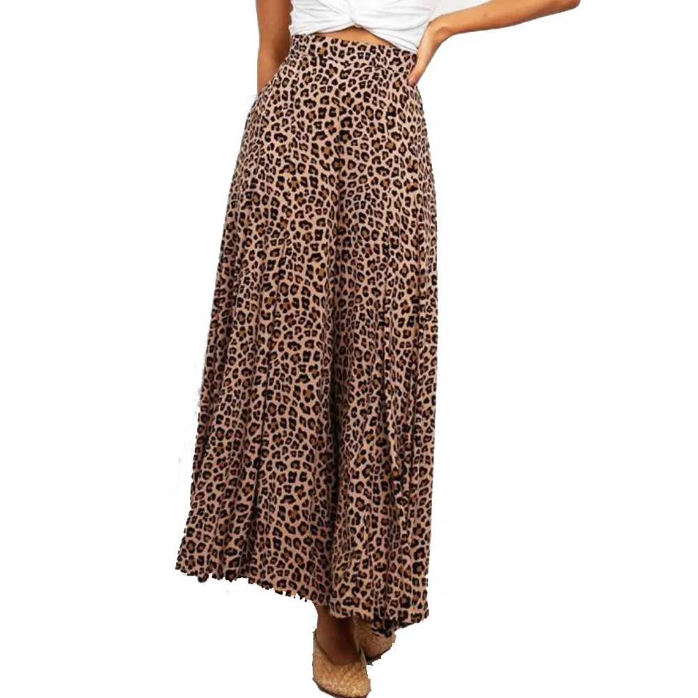 

Summer Wide Leg Pants Women Bohemian Leopard Printed Dress Pants Casual Elastic Waist Long Flare Pantalon Loose Palazzo Culottes