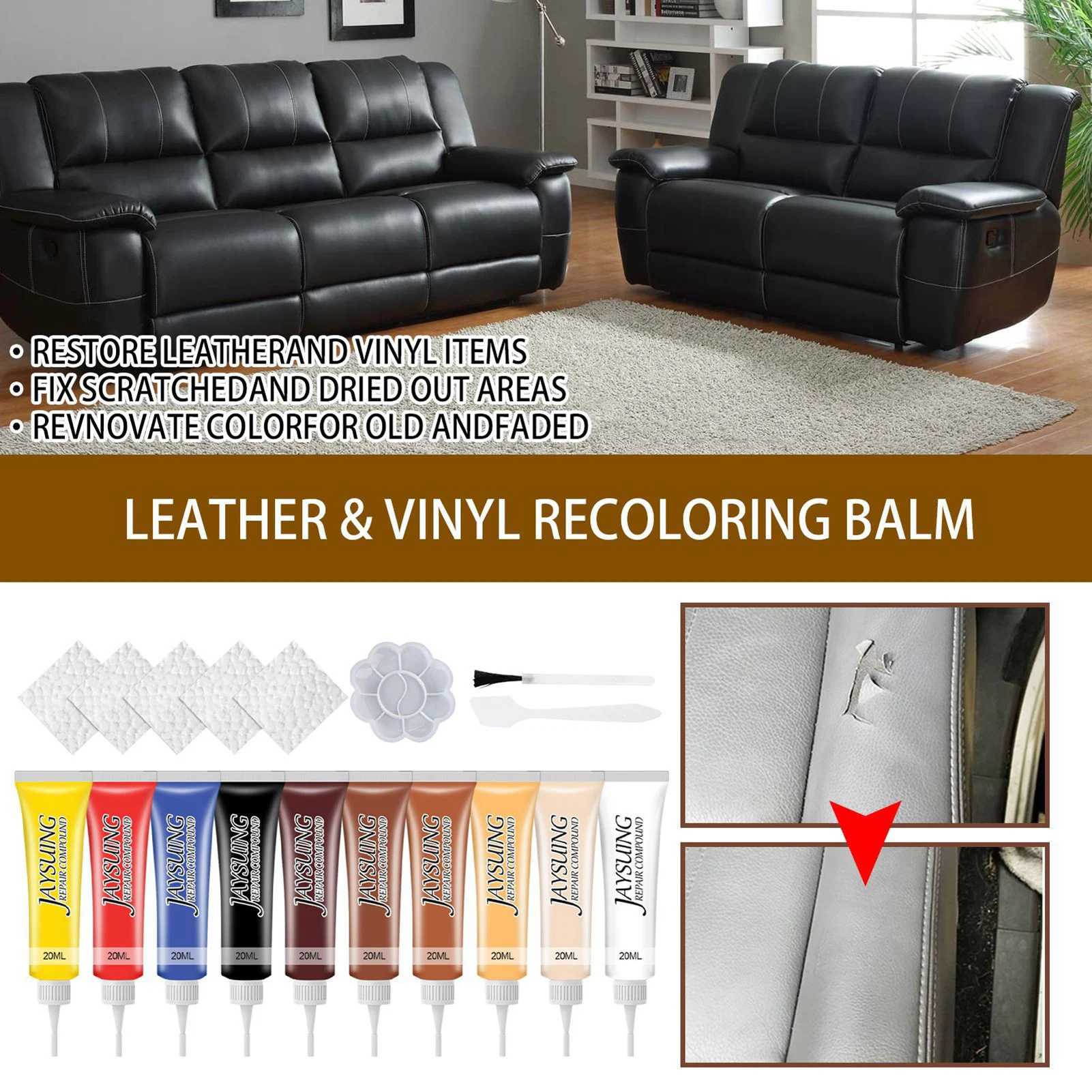 

Vinyl And Leather Repair Kit Leather Paint Scratch Tears Burn Holes RepairRestorer Of Your Furniture Jacket Sofa Boat Or Car