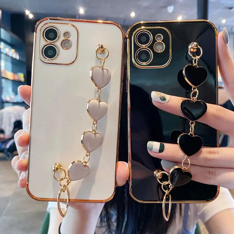 Heart Chain Wristband Rope Phone Case For Xiaomi Redmi Note 11 11S 10S 9S 10A 10C 9A 9C 9T 8T 7 8 9 10 11 Pro Max 5G Soft Cover