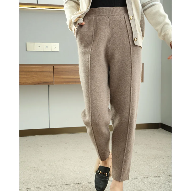 Women Pants 2021 New Autumn and Winter Soft Comfortable High-Waist 100% Cashmere Knitted Thickening Pants Female Elastic 4Colors