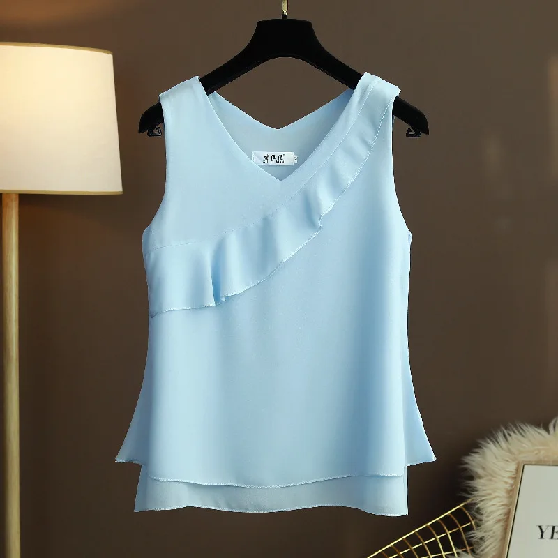 

2023 New Arrival Camisole Women Summer Chiffon Sleeveless Top Western Style V-Neck Loose Outer Wear Womens Casual Shirt Blusas