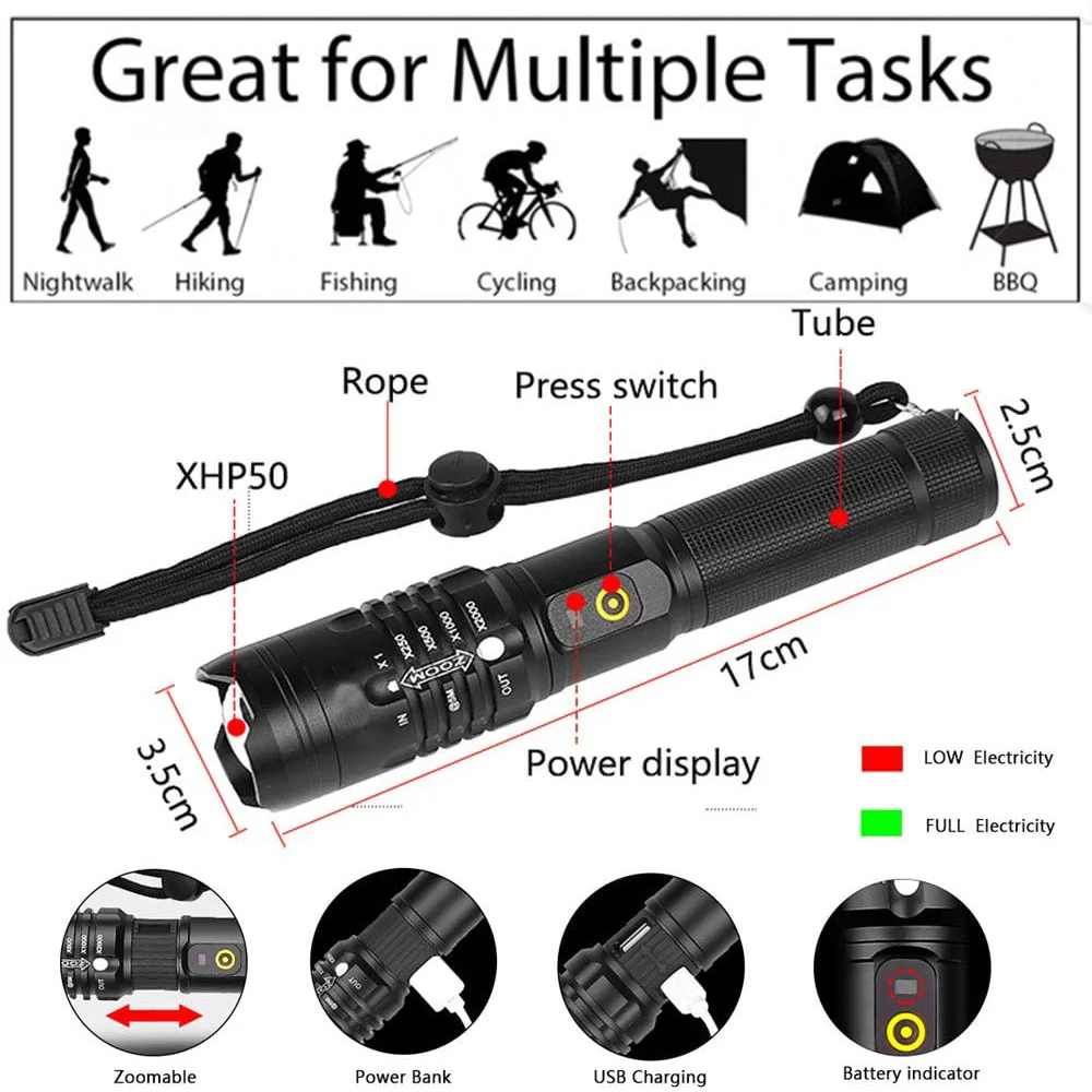 CREE XHP50 LED Flashlight Multifunctional Modes Torch Waterproof Tactical Rechargeable Mini Flashlights for Camping | Освещение