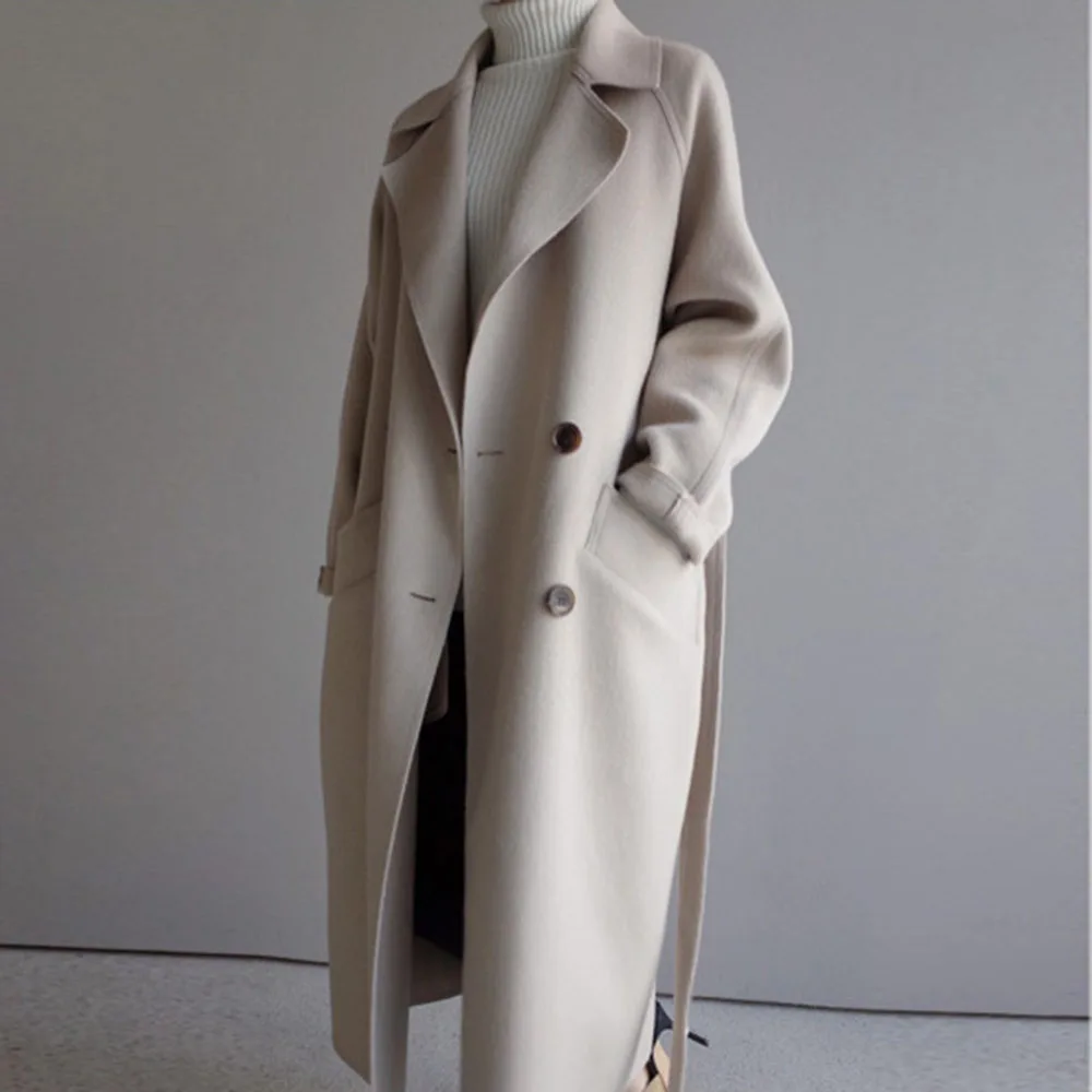 

Winter Beige Elegant Wool Blend Women Korean Fashion Black Long Coats Vintage Minimalist Woolen Overcoat Camel Outwear