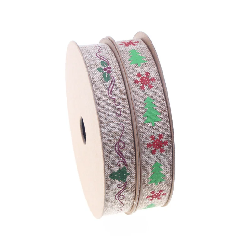 

1.5cm colored linen like polyester cloth with Christmas gift packaging, printing ribbon, Christmas tree decoration ribbon 15m