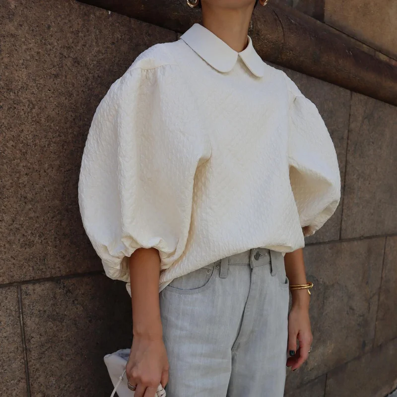 

Nomikuma Haut Femme Summer Doll Collar Puff Sleeve Loose Solid Color Chic Blouse Women Japanese Harajuku Elegant Vetement Femme