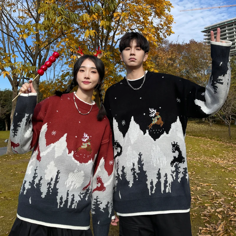 

Autumn Winter Couples Wear Pullover Vintage New Jacquard Pullover Christmas Sweater Women's Outer Wear Loose Long Sleeve Tops