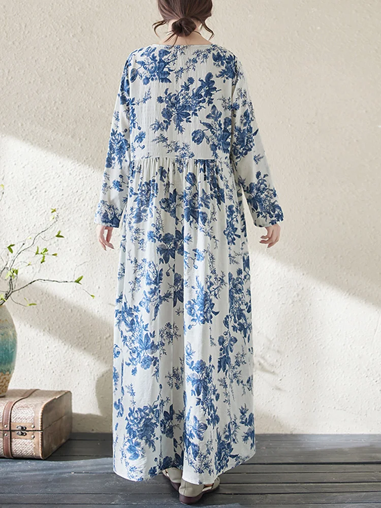 Женское винтажное платье NYFS Длинное свободное из хлопка и льна с принтом для
